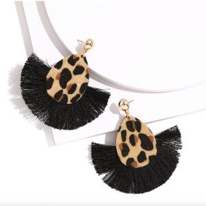 Black Goldtone Leopard Fringe Statement Drop Earrings